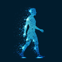 Fototapeta premium Side view of a male silhouette in motion, disintegrating into a cloud of glowing digital data particles on a dark background