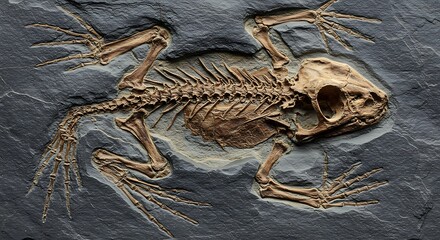 Fossilized frog skeleton specimen in stone with detailed bone structure