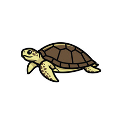 Cute cartoon sea turtle swimming gracefully isolated on white background with detailed shell and flippers