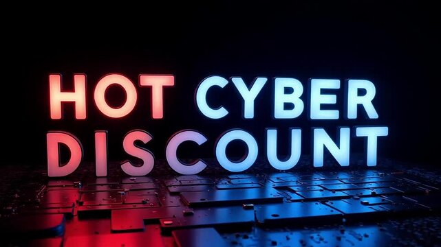 Dynamic neon lights flash HOT CYBER DISCOUNT announcement, igniting excitement for massive online sales and urgent shopping opportunities