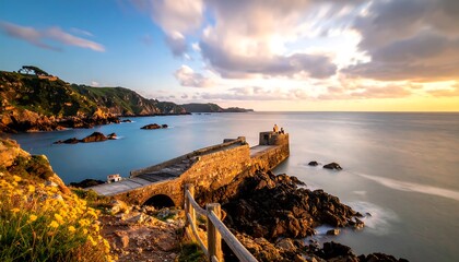 Coastal sunset view with harbor pier