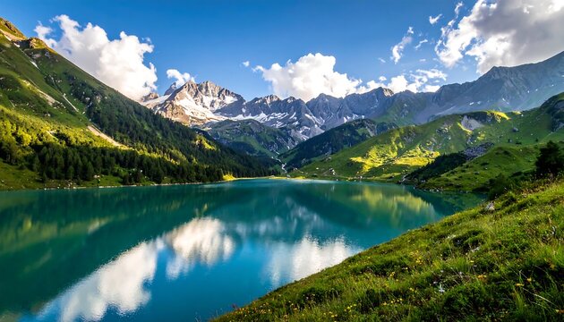 A tranquil alpine lake reflects the majestic mountain peaks and fluffy clouds under a bright blue sky. Lush greenery in the foreground - Powered by Adobe