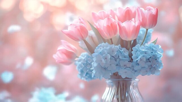 Delicate bouquet of pastel pink tulips and light blue hydrangeas in a glass vase, soft bokeh background