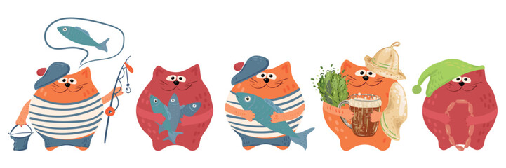 A set of cute cats with various hobbies: fisherman, sailor, sausage lover, beer lover, sauna lover, and relaxer. A funny character for a mascot. Vector image for stickers, design, and cards.