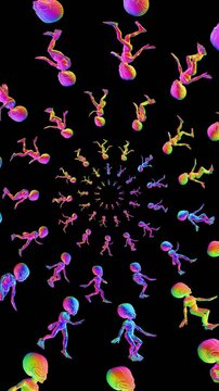 Seamless vertical video animation of a crowd of psychedelic swirl of rainbow walking aliens with copyspace . Spiral vortex colorful background.