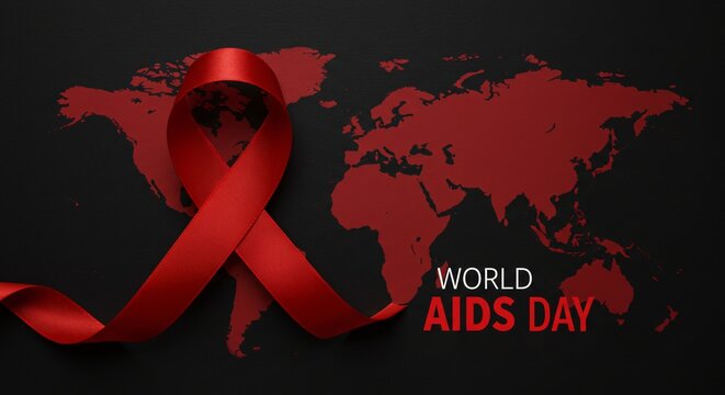 World AIDS Day Red Ribbon Symbol on Global Map for HIV Awareness & Prevention