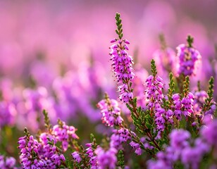 Obraz premium Close-up of vibrant pink heather blossoms in soft sunlight