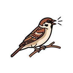 A small brown bird with black markings sits on a twig and sings isolated on white background
