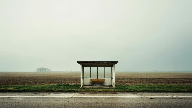 Empty bus stop standing by an asphalt road in a desolate rural landscape on a gloomy, foggy morning. Atmospheric scene conveying a sense of solitude, abandonment, and nostalgic melancholy