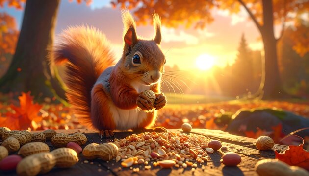 Squirrel eating peanuts at autumn sunset