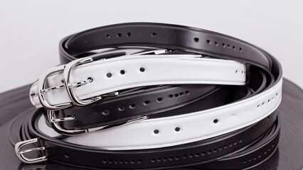 Black belts with silver buckles on display