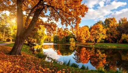 A tranquil autumn scene unfolds with golden leaves reflecting on a still lake beneath a partly cloudy sky. The sun shines brightly