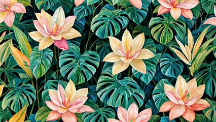 Seamless tropical floral pattern with lotus flowers