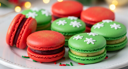 Fototapeta premium A festive display of red and green macarons adorned with snowflake decorations on a white plate