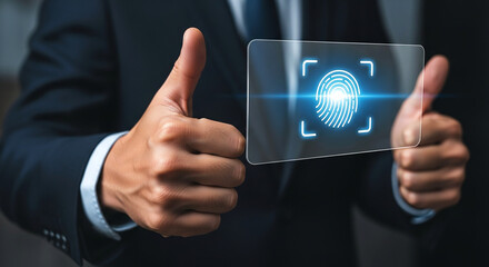 Person in suit giving thumbs up with digital fingerprint interface overlayed on transparent screen