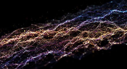 Abstract digital network of connected lines and dots on black background