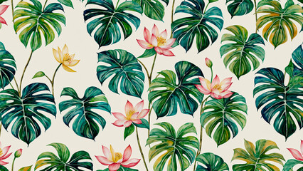 White background tropical floral seamless pattern