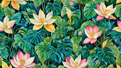 Tropical seamless floral design with lotus flowers