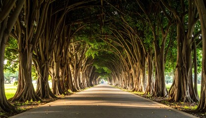 A long road, enveloped by majestic trees forming a natural tunnel. Sunlight streams through the leaves, illuminating the path ahead