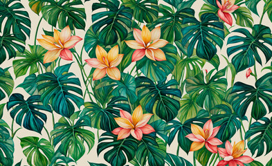 Seamless floral pattern with tropical lotus blossoms