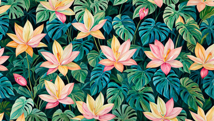 Exotic lotus flower seamless pattern with leaves