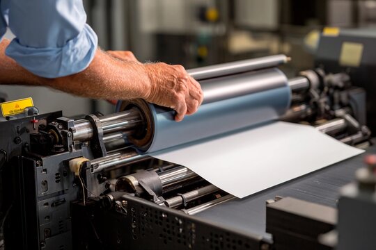A worker adjusts the rollers of a printing machine in a well-lit workshop. The scene highlights the precision required in the printing process, demonstrating craftsmanship and attention to detail