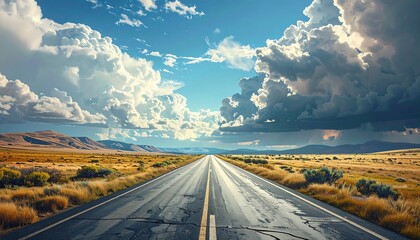 A long road stretches toward the horizon under a vast sky dotted with fluffy white clouds, over dry grassy fields