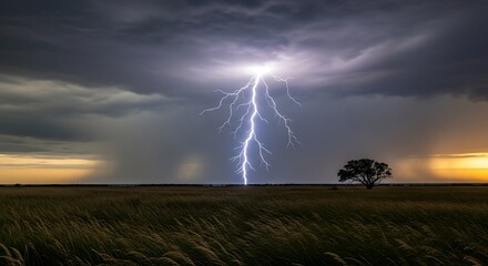 Dramatic Lightning Storm Over Field.
