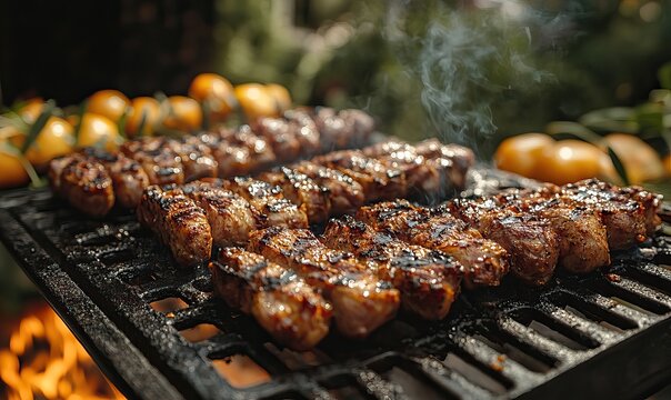 Delicious grilled Romanian mici and tomatoes with smoke rising in the outdoor grill