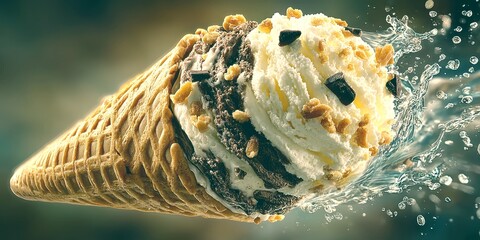 Delicious ice cream cone with chocolate and vanilla flavors topped with nuts and whipped cream splashing water in a studio setting