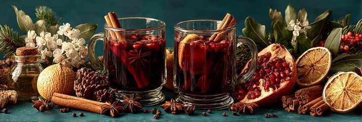 spiced beverages with cinnamon and fruits on a rustic table during winter celebration