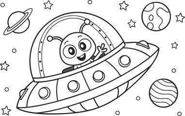 Cartoon Alien in Spaceship Flying Through Space with Planets and Stars Around