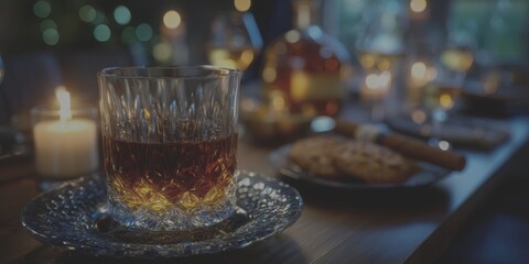 Warm evening gathering featuring whiskey, cookies, and candles in a cozy, softly lit setting - Low Contrast