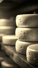 Delicious artisan cheese wheels arranged on rustic wooden shelves in a warm, inviting cheese cellar