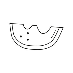 Cute hand drawn outline gnawed pumpkin slice isolated on white background.