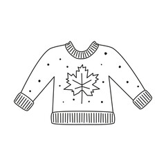 Cute hand drawn outline warm woolen sweater with maple leaf isolated on white background.