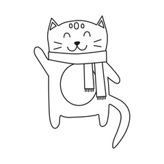 Cute outline hand drawn welcoming cat in scarf isolated on white background.