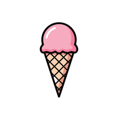A single scoop of pink strawberry flavored frozen dessert in a waffle cone isolated on white background