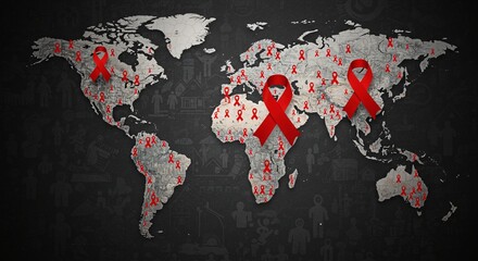 Global AIDS Awareness World Map Showing HIV Infection Rates & Red Ribbon Symbolism