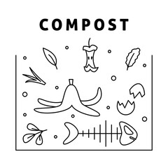 Compost with fruits, vegetable scraps, greens, shells in ground. No Food waste. Environmentally responsible behavior. Garbage sorting. Recycling, ecology and agriculture