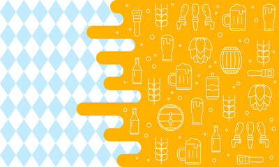 Oktoberfest background with beer symbols, icons, signs. Beer mug, bottle, glass. Beer holiday. Blue design. Oktoberfest yellow design for banners, posters, bar menu