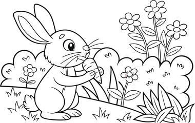 Charming Rabbit Enjoys a Carrot in a Sunny Meadow Coloring Page Illustration