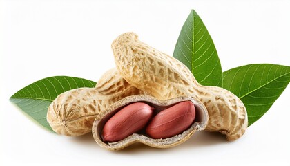 Fresh Peanuts In Shell With Green Leaves On White Background