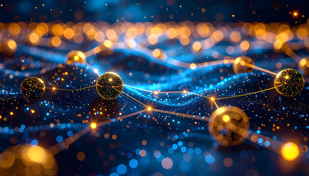 Abstract quantum network with glowing blue waves and golden spheres linked by lines, evoking molecular interaction, data flow, and futuristic connectivity.