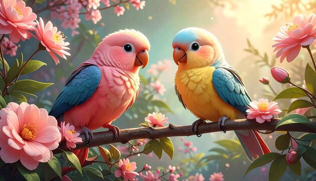 Two pastel parakeets amongst blooming pink flowers