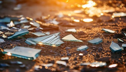 Sharp Fractured Glass Shards Glinting On Gritty Textured Ground In Warm Sunlight Creating A Dramatic Abstract Scene