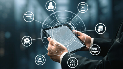 Data privacy and cyber security icons show encryption, data privacy safeguards, and cyber security...