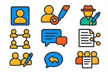 Vibrant Blog Icons. Flat vector icons of blog community: member profile, contributor badge, guest author, writer network,