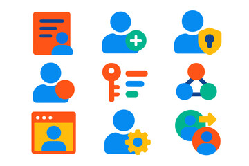 Vibrant Account Management Icons. Flat vector icons of account management tools: user list, invite new member, role assignment,