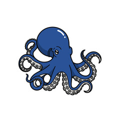 A charming blue octopus with curly tentacles and suction cups isolated on white background